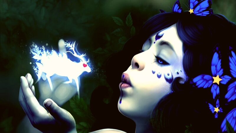 Woman with Glowing Deer — Blue, Dreamy