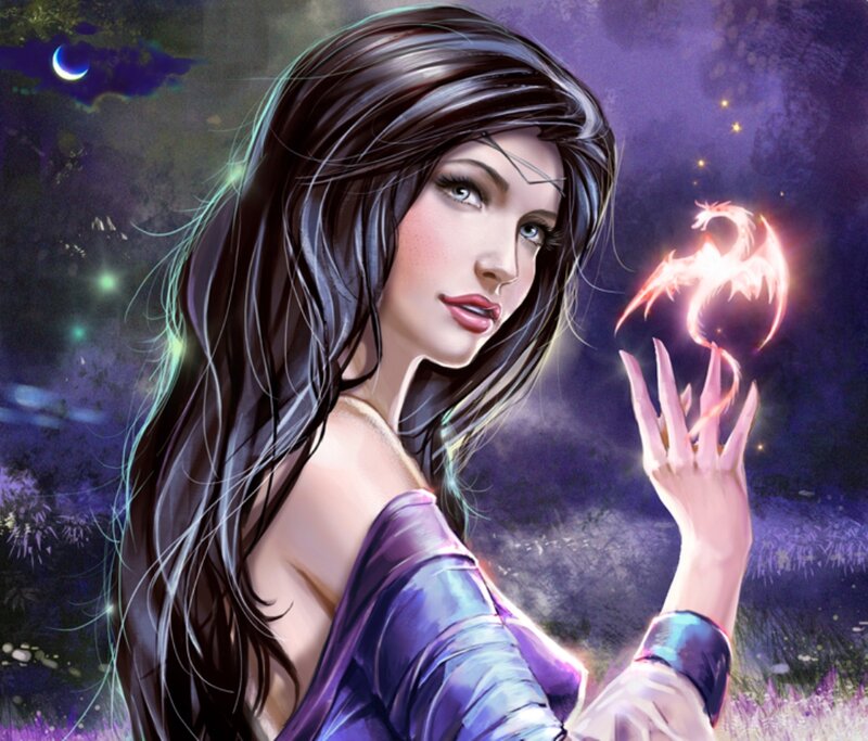 Woman with Glowing Dragon — Purple, Mystical