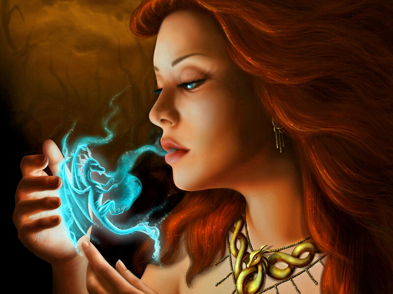 Woman with Glowing Dragon — Red, Dramatic, Digital Art