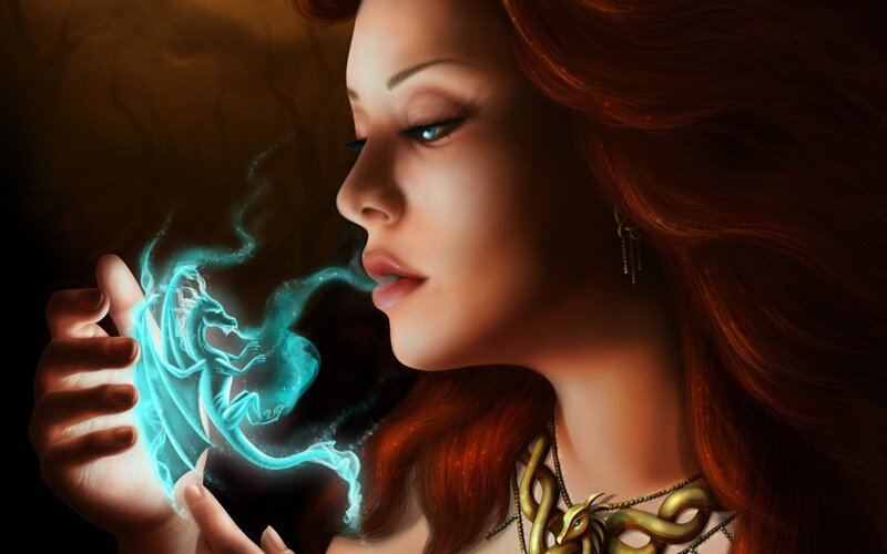 Woman with Glowing Dragon — Red