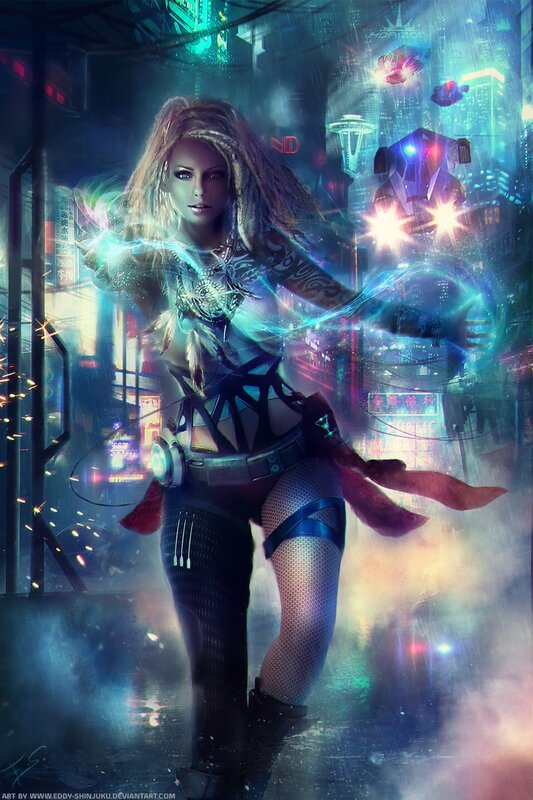 Woman with Glowing Energy — Blue, Dramatic, Night, Digital Art, Neon Lights