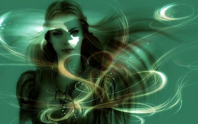 Woman with Glowing Energy — Green, Mystical, Digital Art