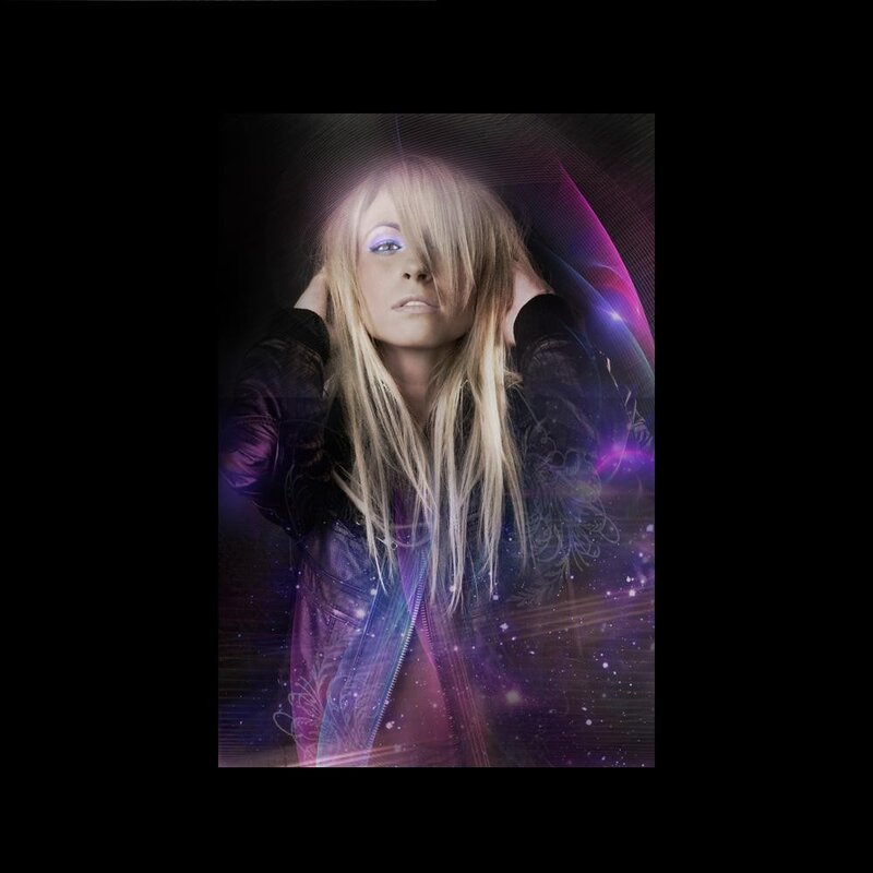 woman with glowing eyes and cosmic background