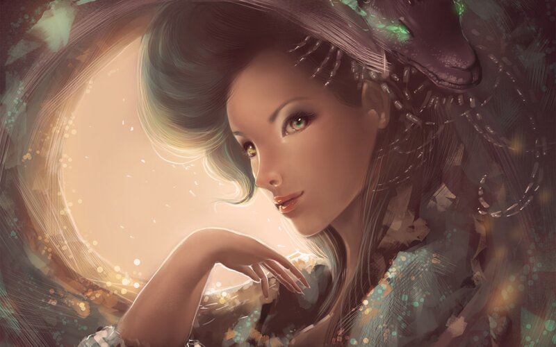 woman with glowing eyes and dragon