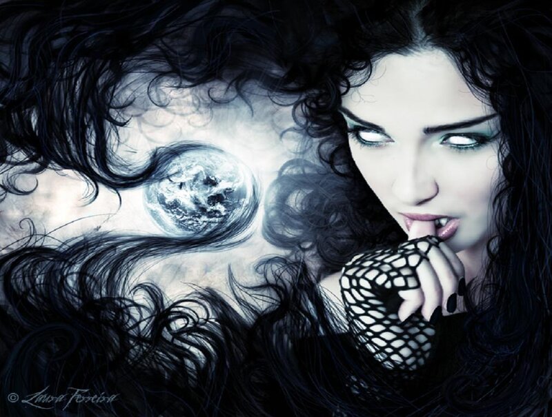 woman with glowing eyes and moon