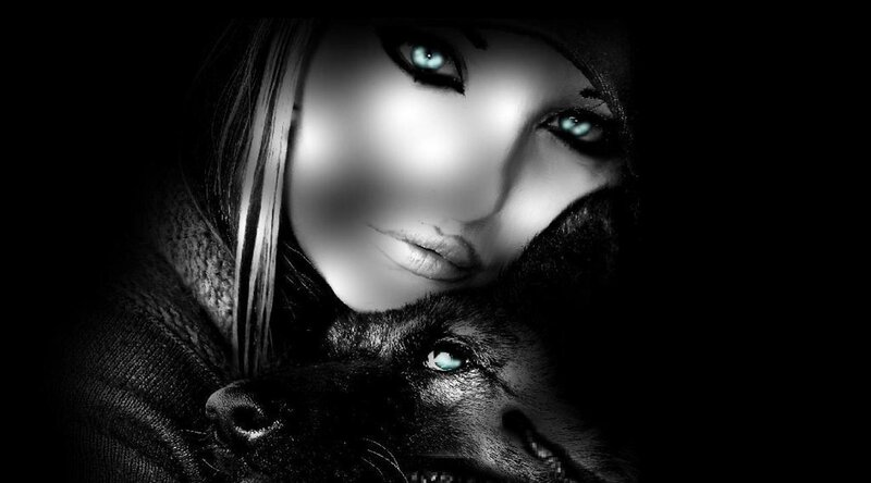 woman with glowing eyes and wolf