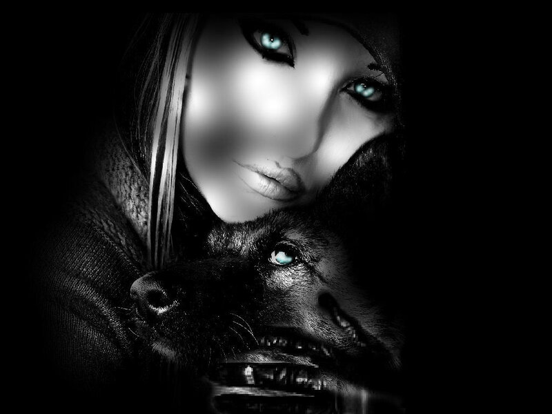 woman with glowing eyes and wolf