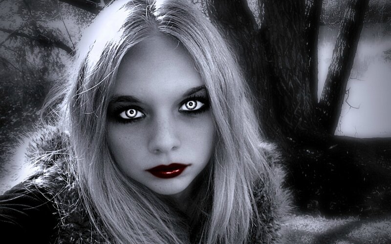 Woman with Glowing Eyes — Black, Dark, Night, Digital Art, Forest