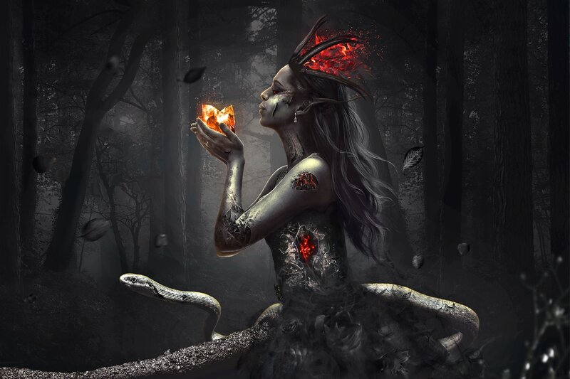 Woman with Glowing Eyes — Black, Dark, Night, Digital Art, Snake