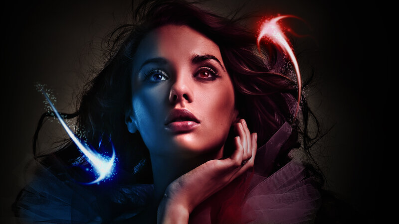 Woman with Glowing Eyes — Black, Dramatic, Digital Art, Glowing Light