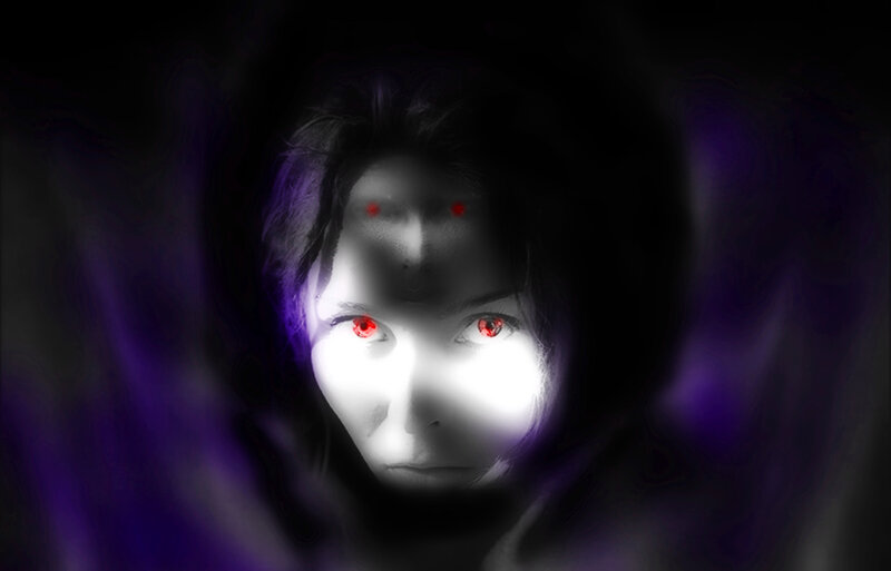 Woman with Glowing Eyes — Black, Dramatic, Digital Art, Glowing Red Eyes