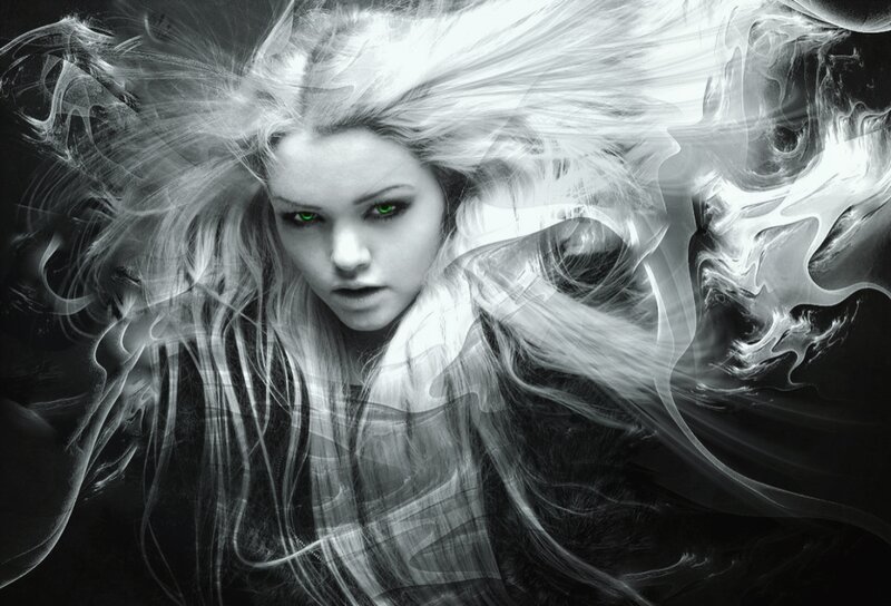 Woman with Glowing Eyes — Black, Dramatic, Digital Art, Hair, Smoke