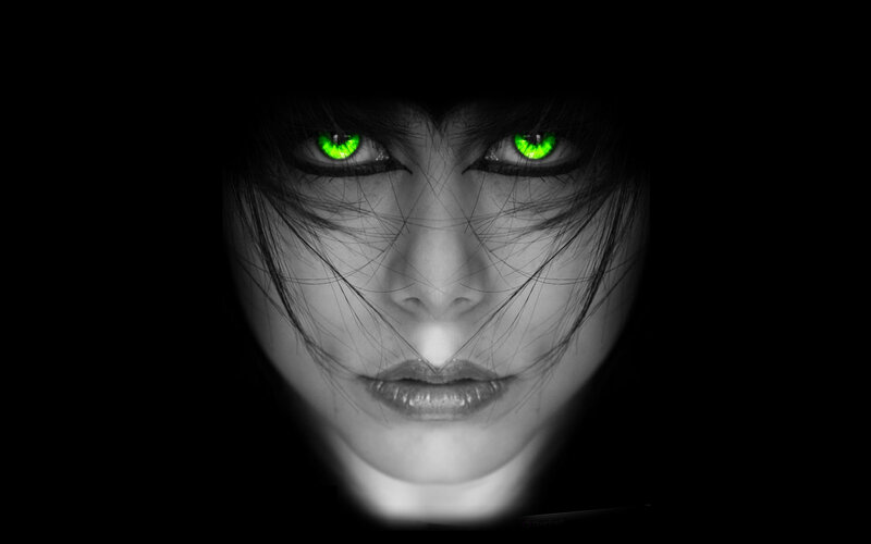 Woman with Glowing Eyes — Black, Dramatic, Digital Art, Hair