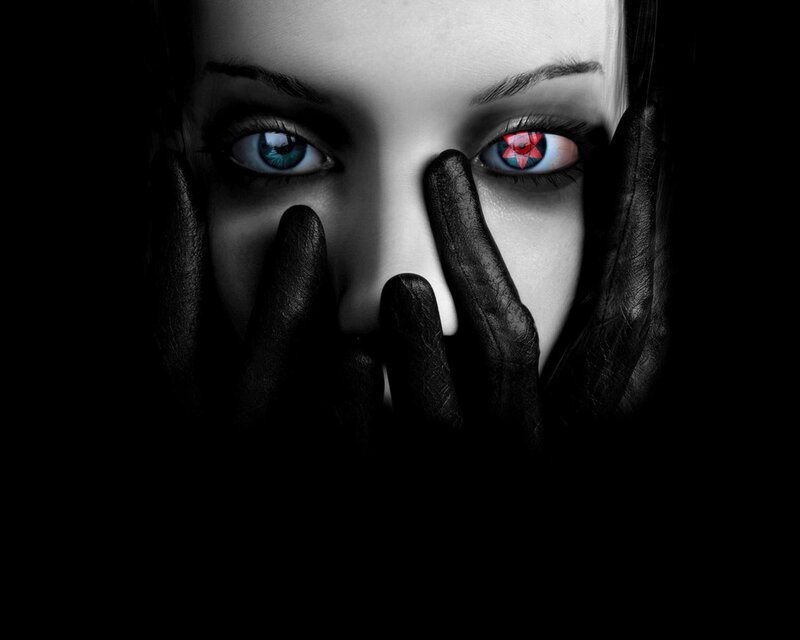 Woman with Glowing Eyes — Black, Dramatic, Digital Art, Hands
