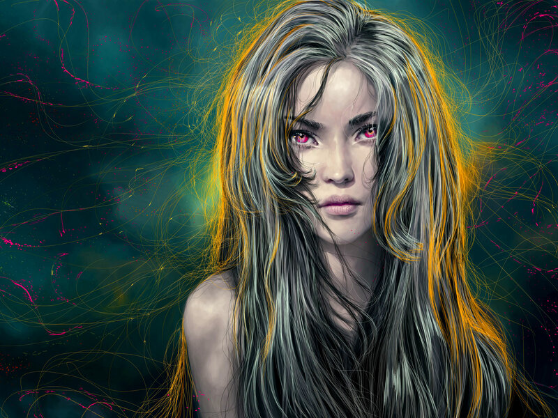 Woman with Glowing Eyes — Black, Dramatic, Digital Art, Long Hair