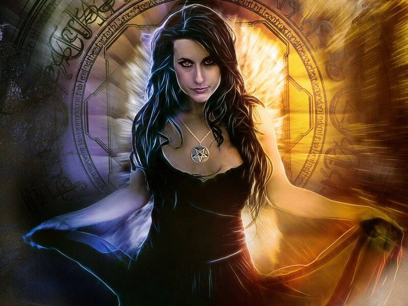 Woman with Glowing Eyes — Black, Dramatic, Digital Art, Pentagram Necklace