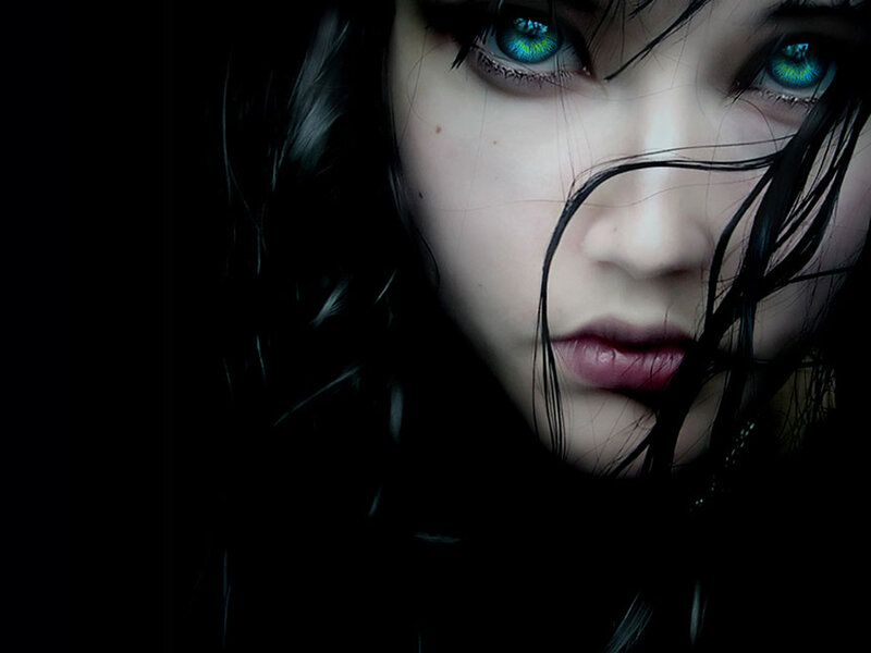 Woman with Glowing Eyes — Black, Dramatic, Night, Digital Art, Hair