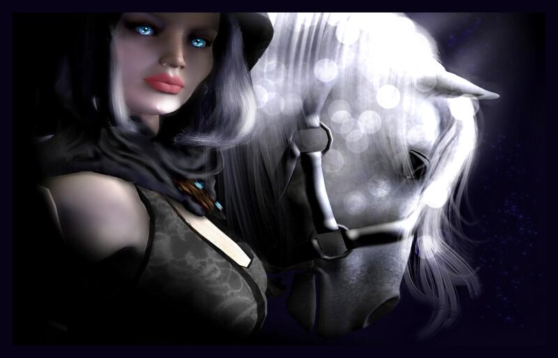Woman with Glowing Eyes — Black, Dramatic, Night, Digital Art, Horse