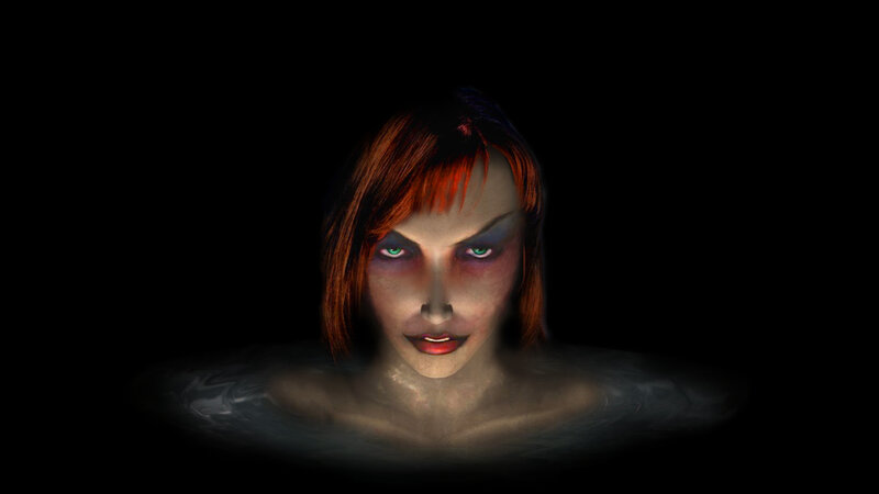 Woman with Glowing Eyes — Black, Dramatic, Night, Digital Art, Red Hair