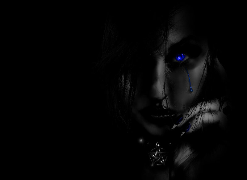 Woman with Glowing Eyes — Black, Dramatic, Night, Digital Art, Tear