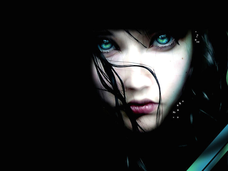 Woman with Glowing Eyes — Black, Dramatic, Night, Digital Art