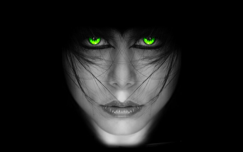 Woman with Glowing Eyes — Black, Dramatic, Night, Photograph, Hair