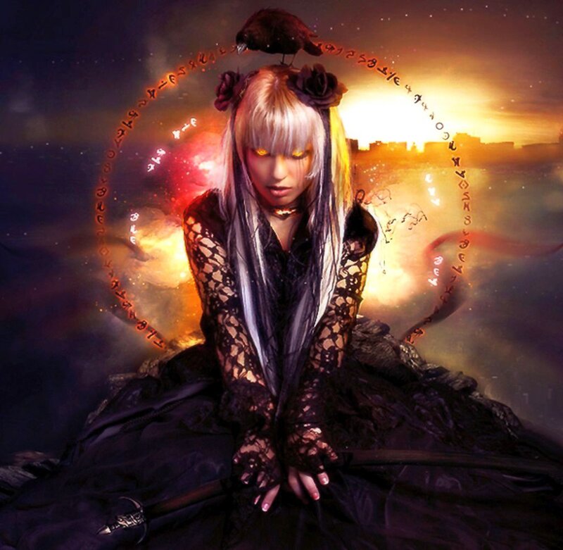 Woman with Glowing Eyes — Black, Dramatic, Sunset