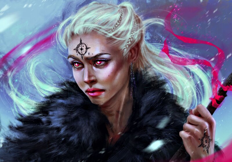 Woman with Glowing Eyes — Black, Dramatic, Winter