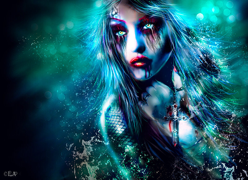 Woman with Glowing Eyes — Blue, Dramatic, Digital Art, Cross