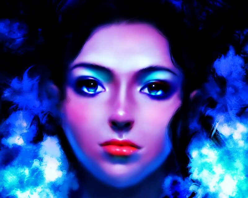 Woman with Glowing Eyes — Blue, Dramatic, Digital Art, Hair, Smoke