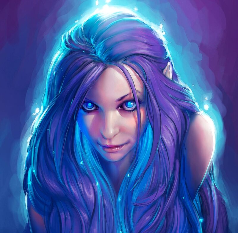 Woman with Glowing Eyes — Blue, Dramatic, Digital Art, Long Hair
