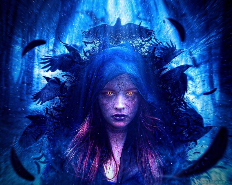 Woman with Glowing Eyes — Blue, Dramatic, Night, Digital Art, Crows