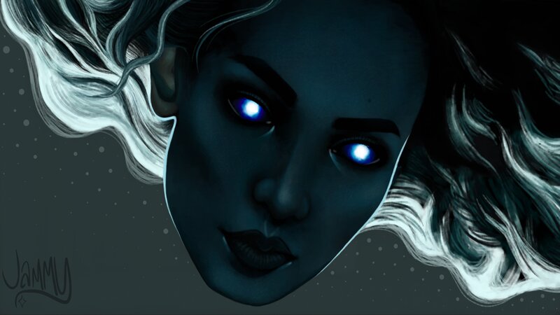 Woman with Glowing Eyes — Blue, Dramatic, Night, Digital Art, Hair
