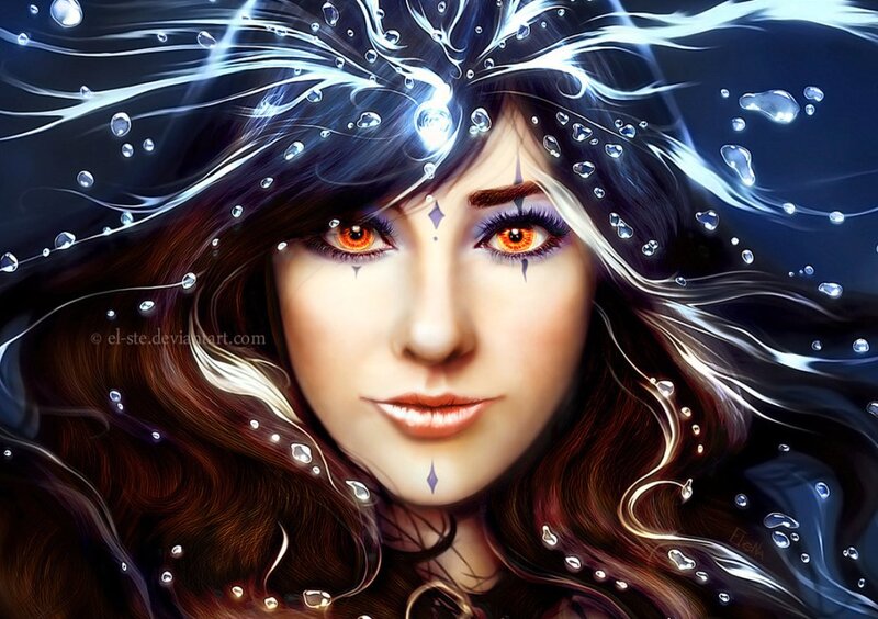 Woman with Glowing Eyes — Blue, Dramatic, Night, Digital Art, Water Droplets