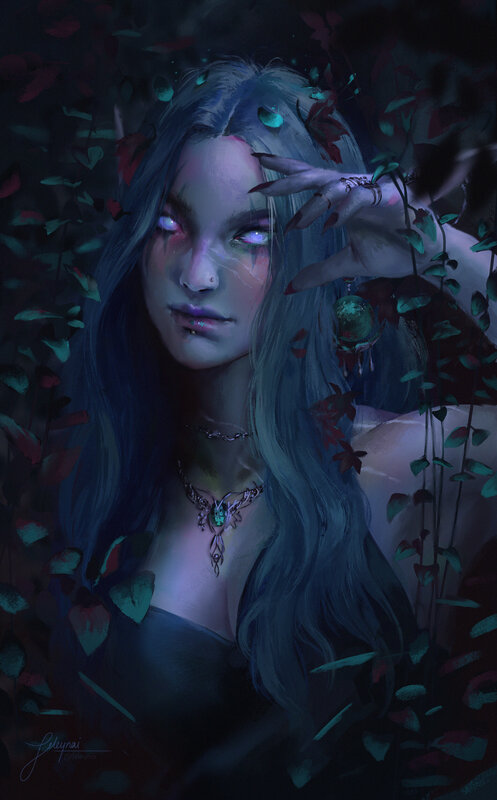 Woman with Glowing Eyes — Blue, Mysterious, Night, Digital Art, Leaves