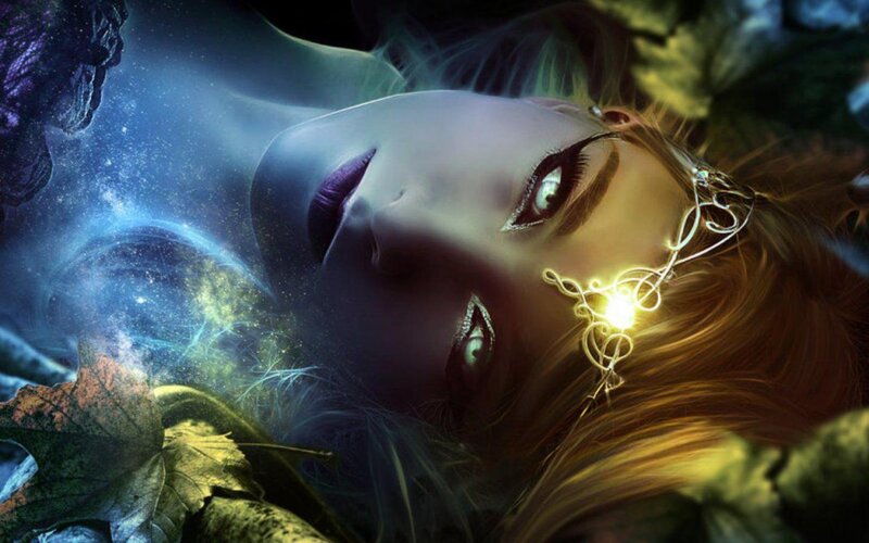 Woman with Glowing Eyes — Blue, Mystical, Night, Digital Art, Glowing Headpiece