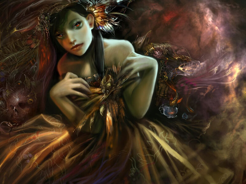 Woman with Glowing Eyes — Brown, Dramatic, Digital Art, Feathered Headdress