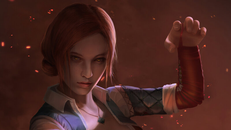 Woman with Glowing Eyes — Brown, Dramatic, Digital Art, Glowing Eyes, Fire Sparks