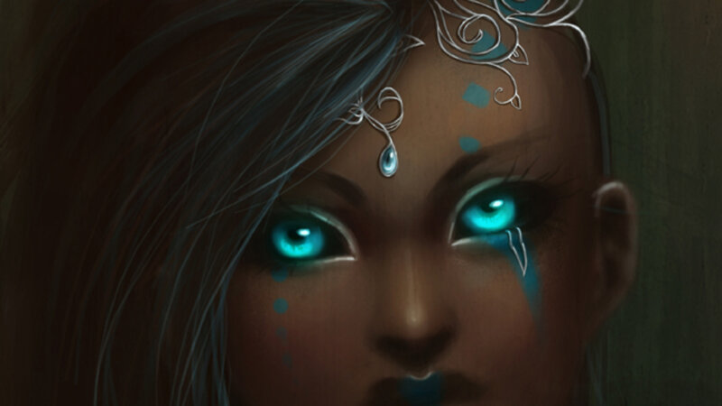 Woman with Glowing Eyes — Brown, Dramatic, Digital Art