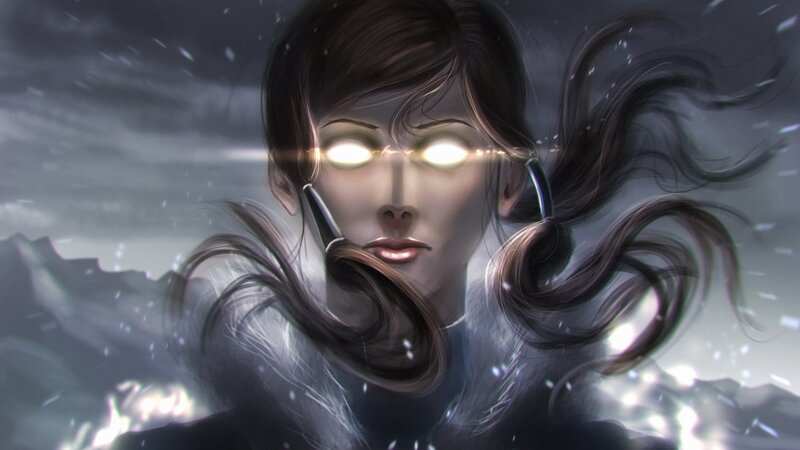 Woman with Glowing Eyes — Gray, Dramatic, Winter