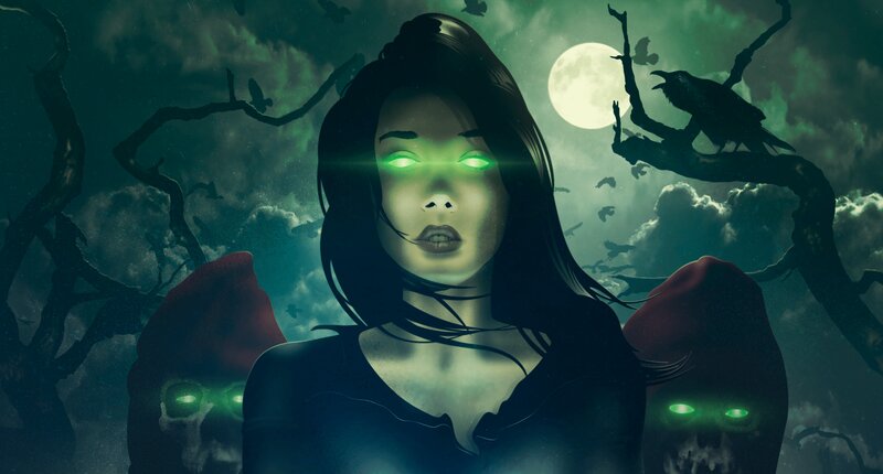Woman with Glowing Eyes — Green, Dark
