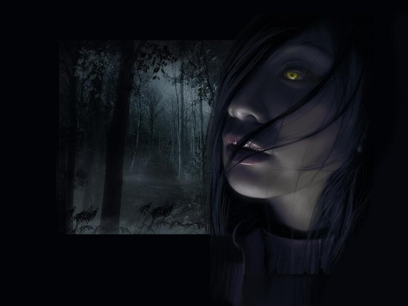 woman with glowing eyes in forest