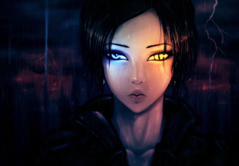 woman with glowing eyes in rain