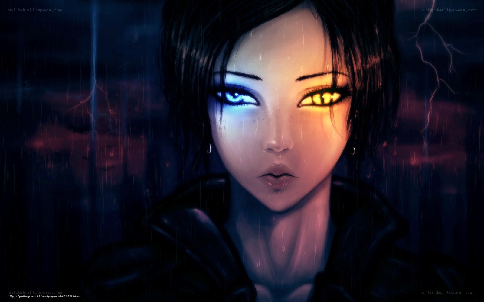 woman with glowing eyes in rain