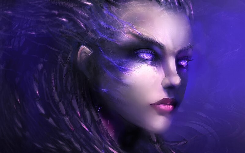Woman with Glowing Eyes — Purple, Dramatic, Digital Art, Glowing Eyes