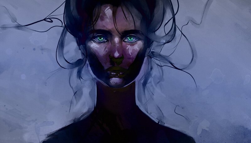 Woman with Glowing Eyes — Purple, Dramatic, Digital Art, Hair