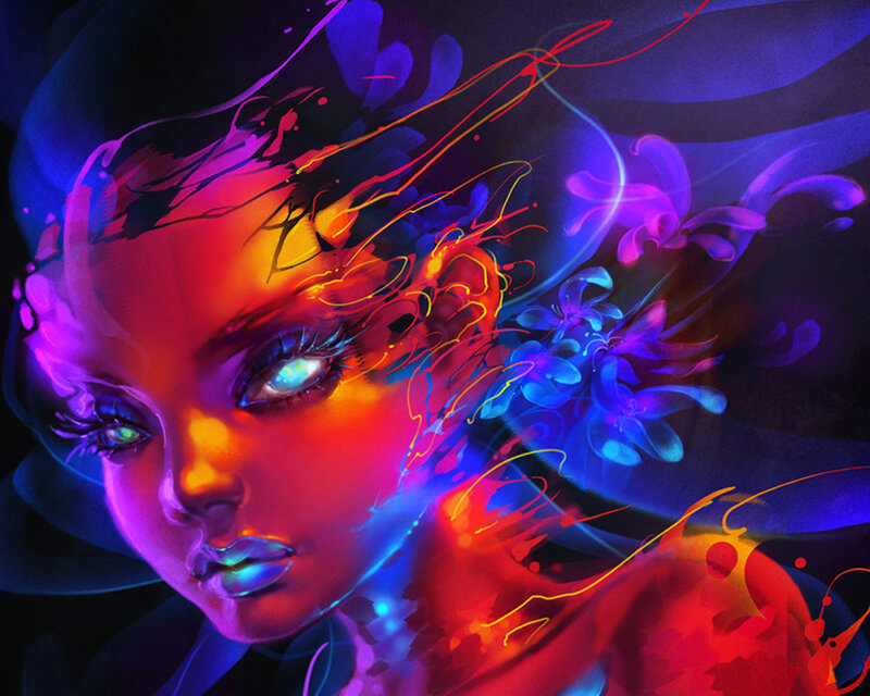 Woman with Glowing Eyes — Purple, Dramatic, Digital Art