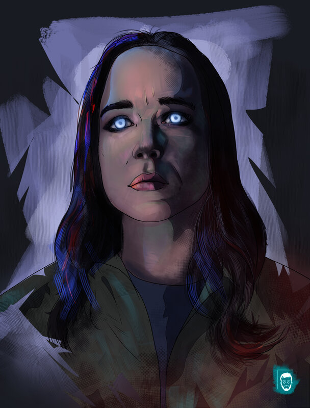 Woman with Glowing Eyes — Purple, Dramatic, Night, Digital Art, Pillow