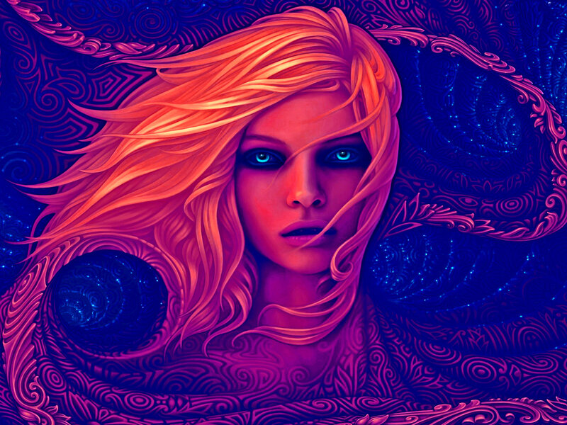 Woman with Glowing Eyes — Purple, Mystical, Digital Art