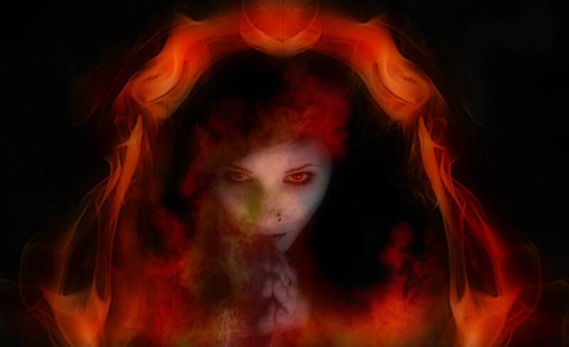 Woman with Glowing Eyes — Red, Dramatic, Digital Art, Fire